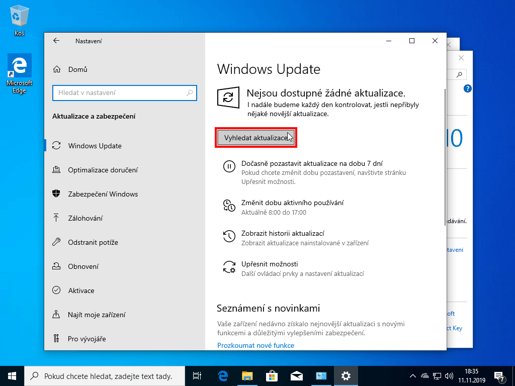 vyhledat aktualizace windows 10